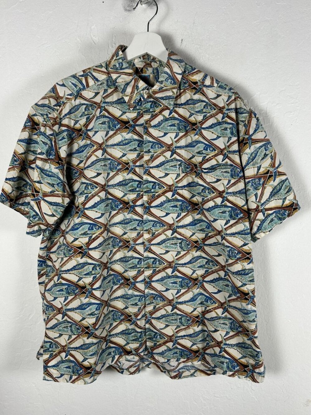 Vintage Avi Kahala Hawaiian Mens Fish Print Button-Up Shirt Large Cotton Multi